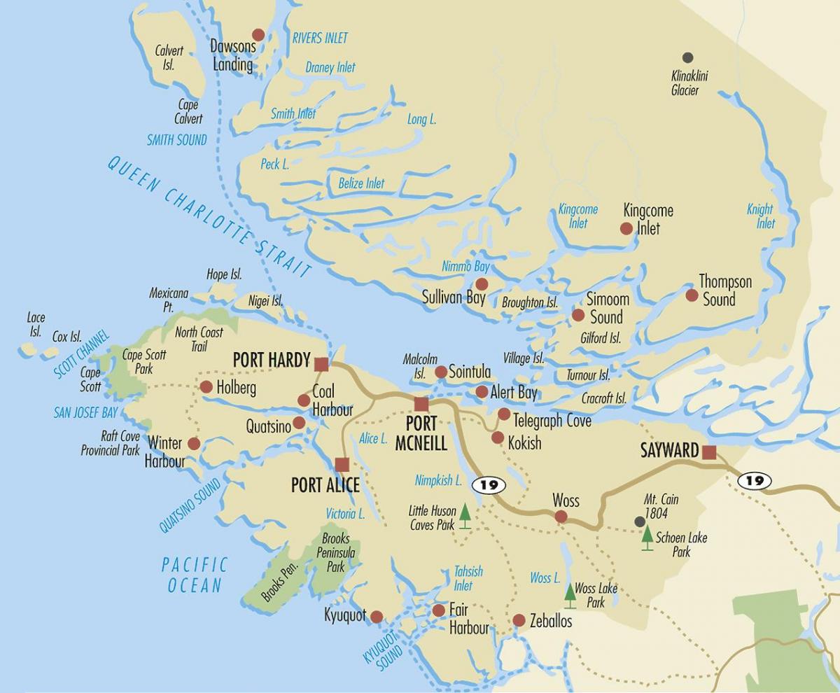 Kaart van noord-vancouver eiland
